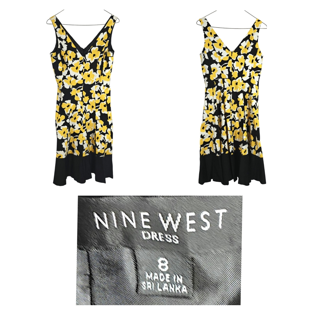 Nine West Black Yellow Floral Midi Dress
